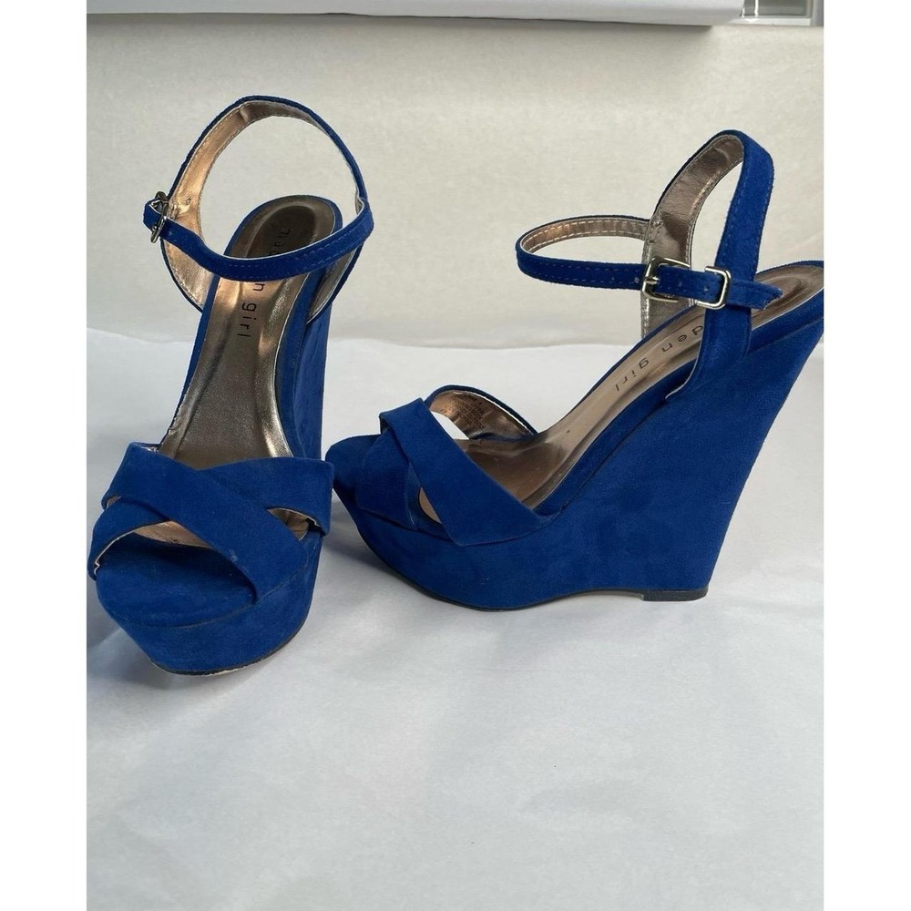 Wedges royal blue ankle buckle gold hardware